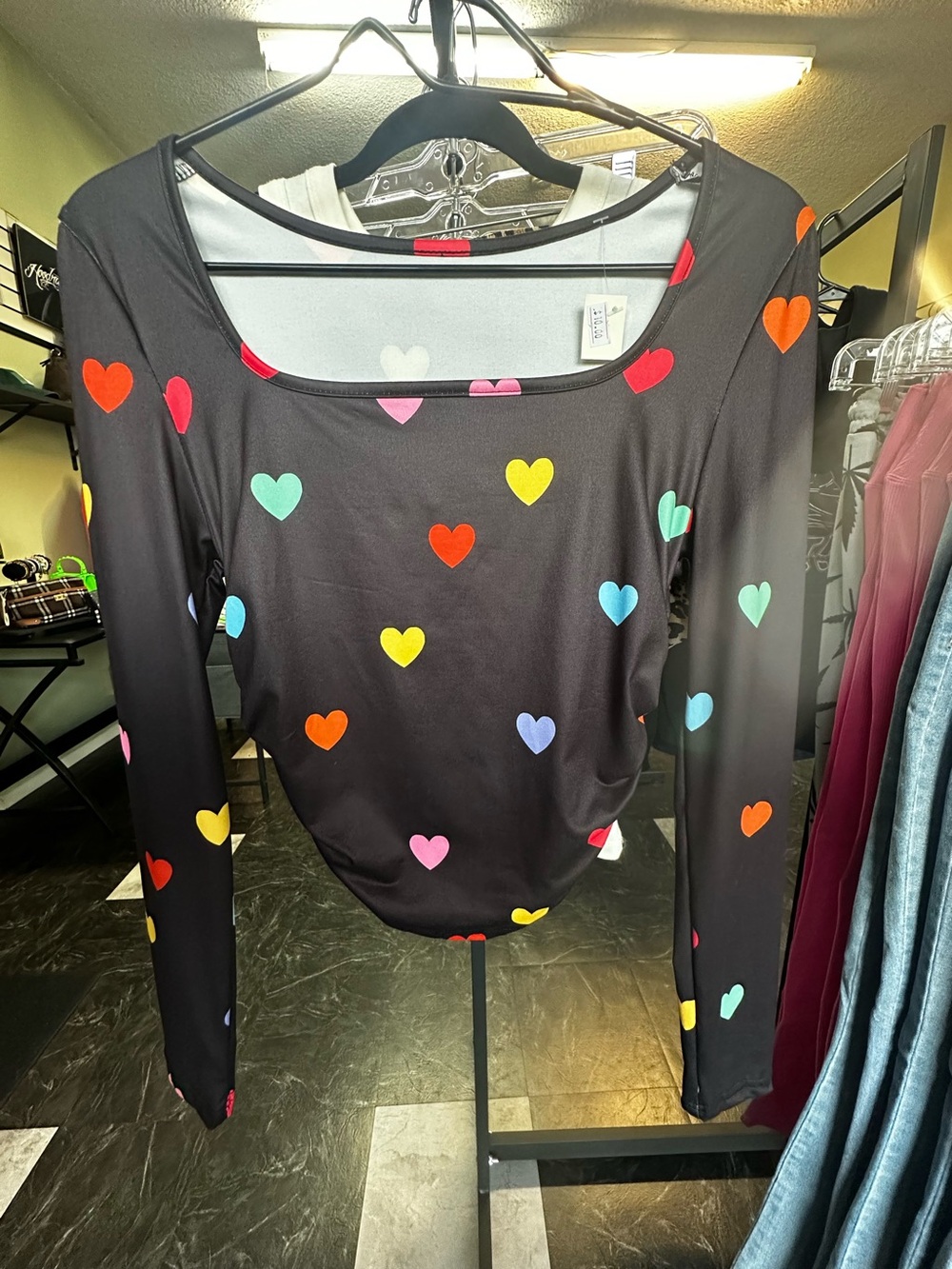 SHEIN Black Long Sleeve Top with Multicolor Heart Print